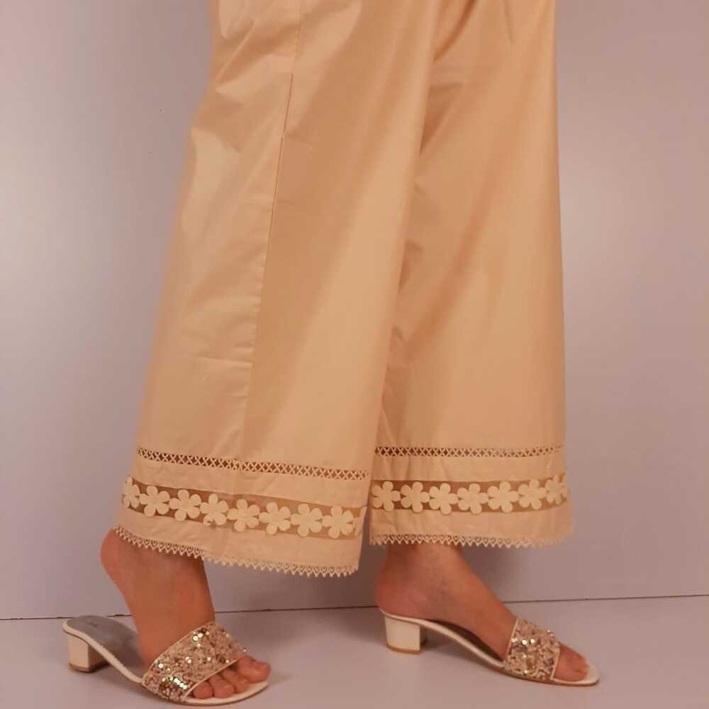 Laces embellished Soft Cotton Palazzo - Beige - PT11