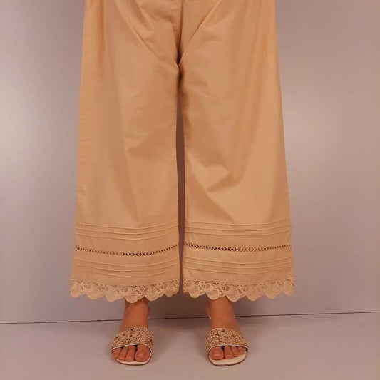Laces Embellished Soft Cotton Palazzo - Beige - PT15