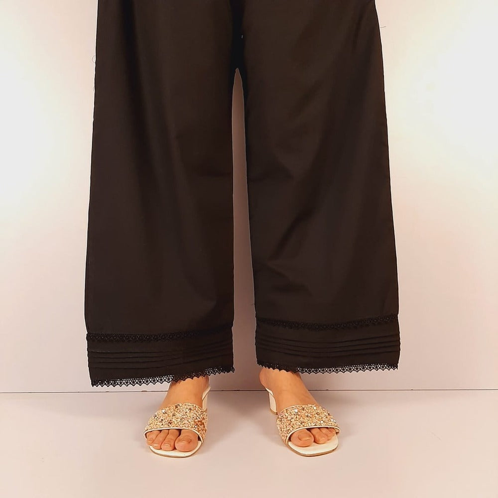 Laces embellished Soft Cotton Palazzo - Black - PT17