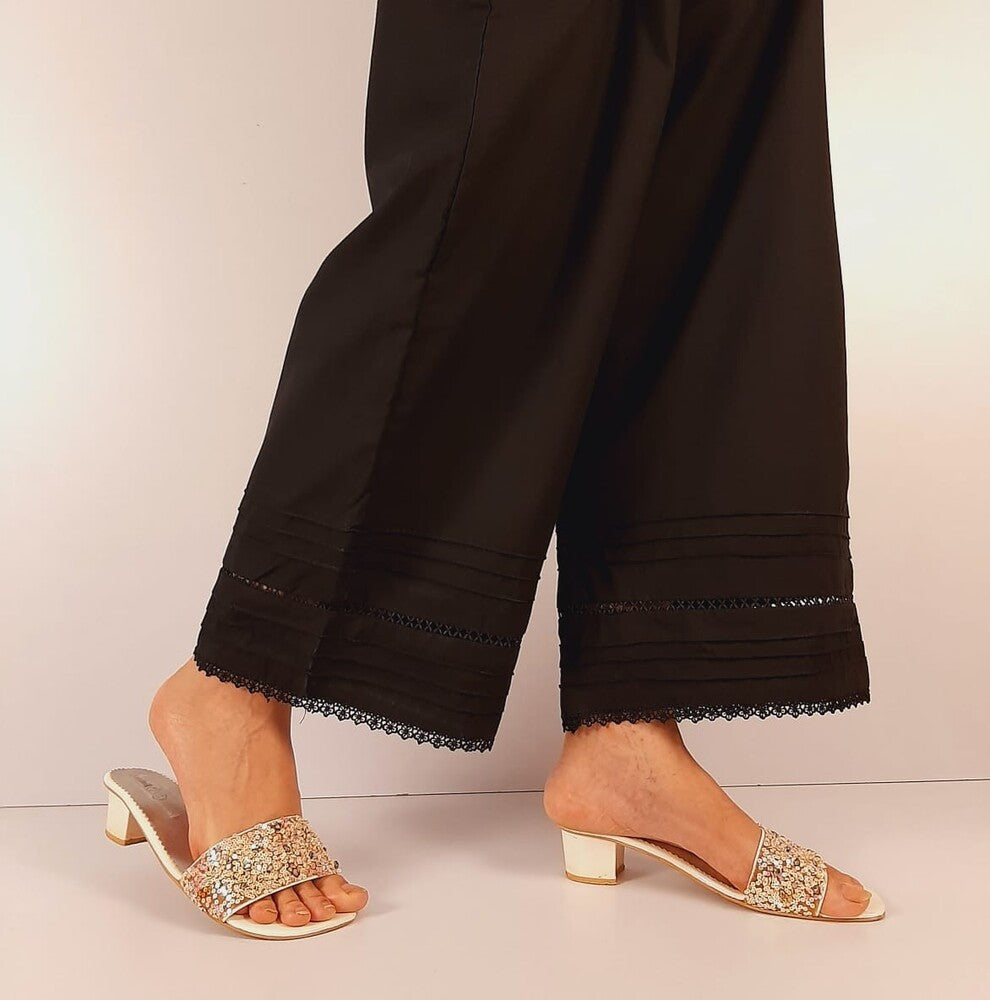 Laces embellished Soft Cotton Palazzo - Black - PT19