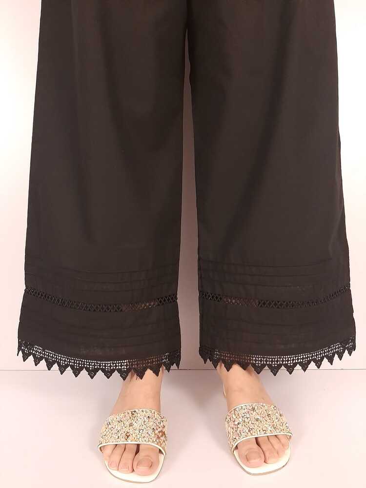 Laces embellished Soft Cotton Palazzo - Black - PT19