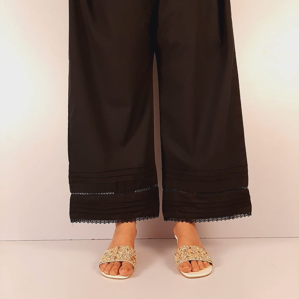 Laces embellished Soft Cotton Palazzo - Black - PT19