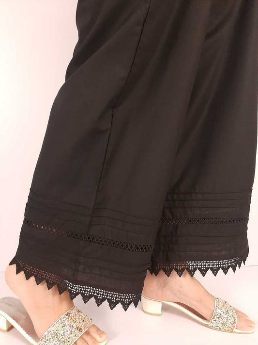 Laces embellished Soft Cotton Palazzo - Black - PT19