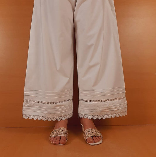 Laces embellished Soft Cotton Palazzo - White - PT10