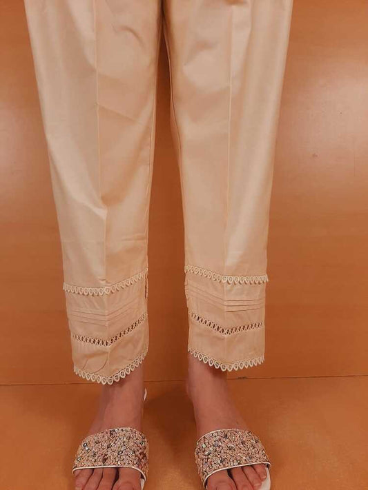 Laces embellished Soft Cotton Trouser - Beige - PT06