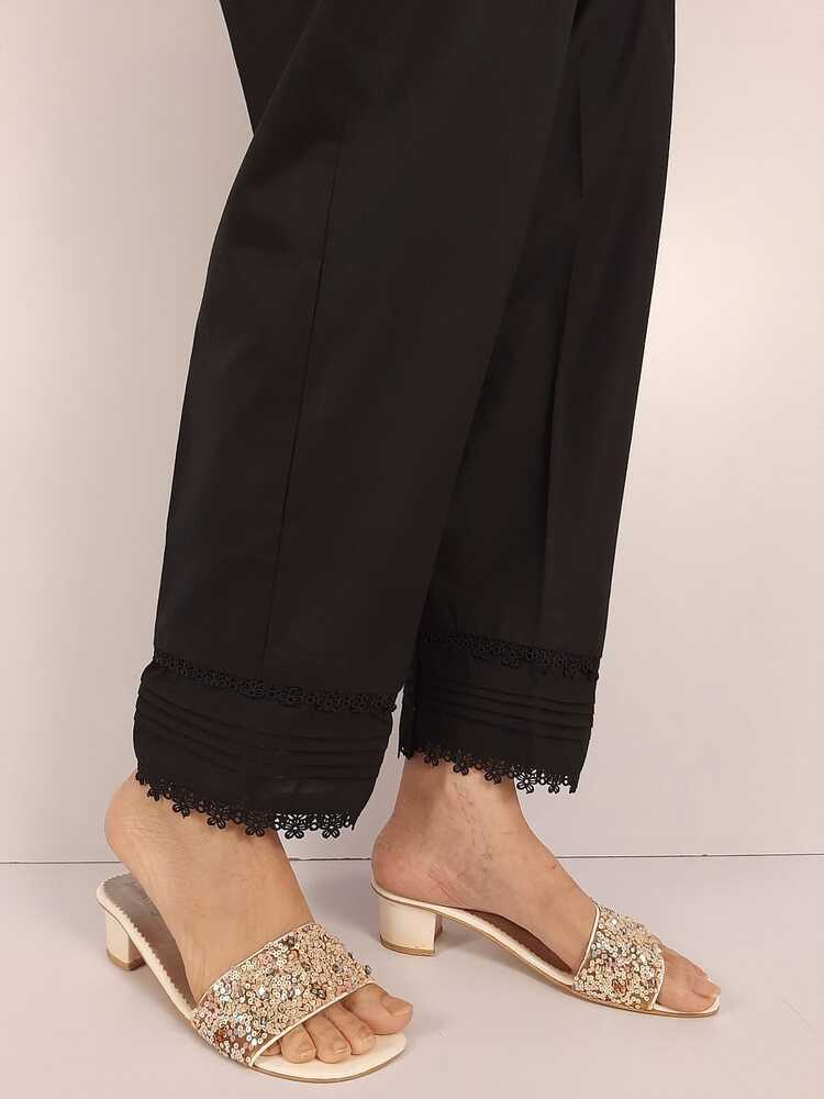 Laces embellished Soft Cotton Trouser - Black - PT31