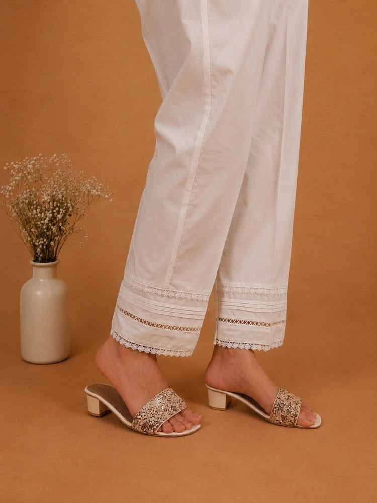 Laces embellished Soft Cotton Trouser - White - PT11