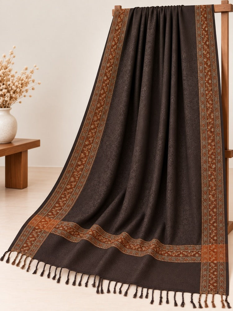 Large dark brown winter shawl for women with rust brown patterned border and tassels