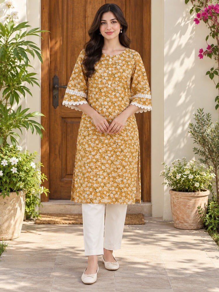 Printed Lawn Kurti - Yellow - ZK191