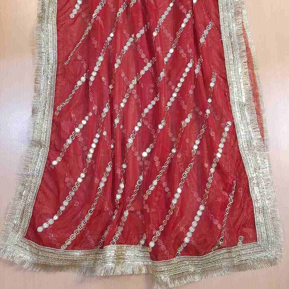mirroe work net dupatta red