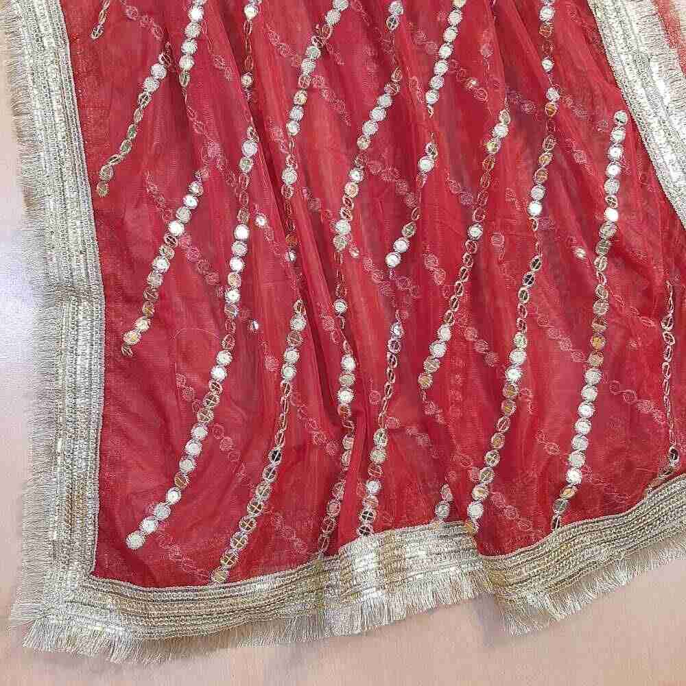 mirroe work net dupatta red