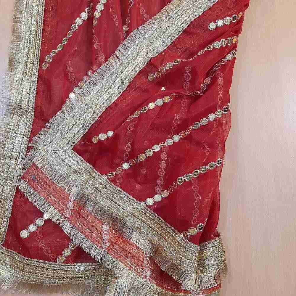 mirroe work net dupatta red