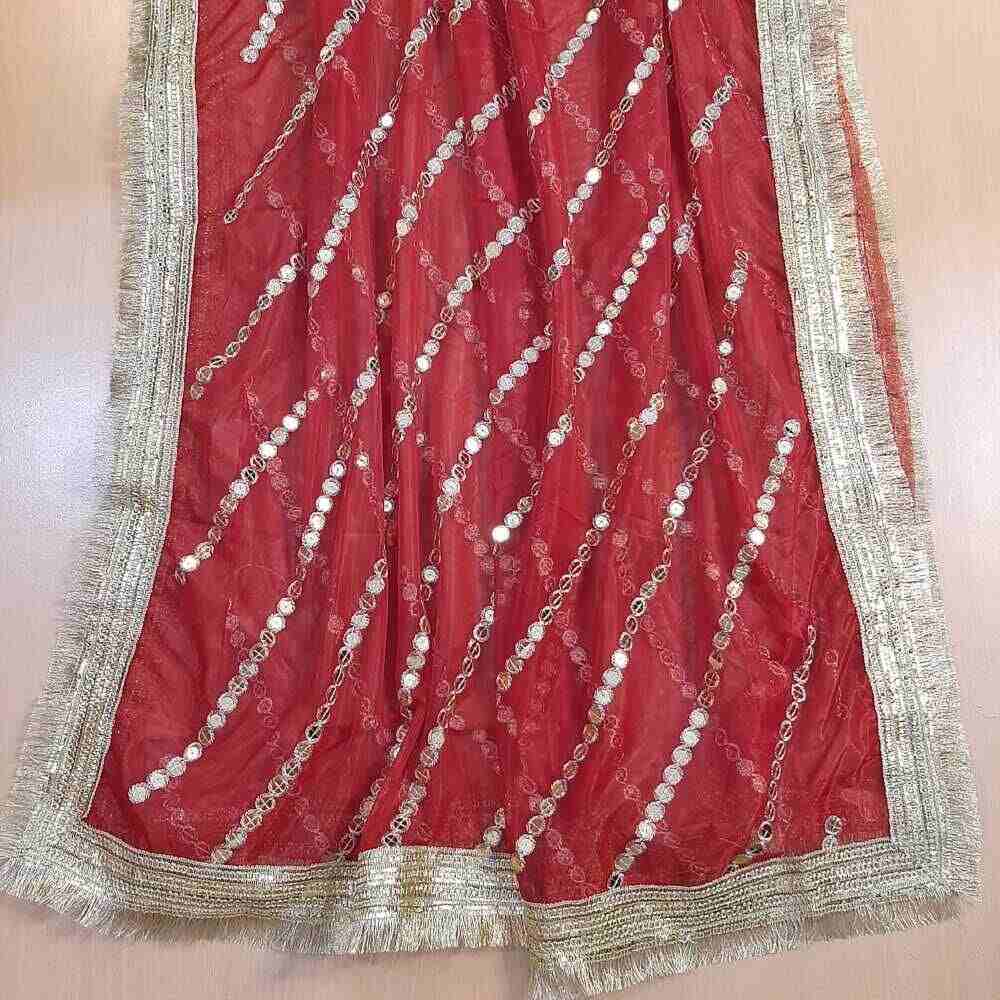 mirror work net dupatta large red