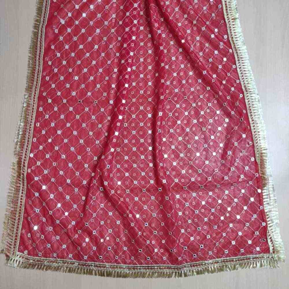 mirror work organza dupatta large red