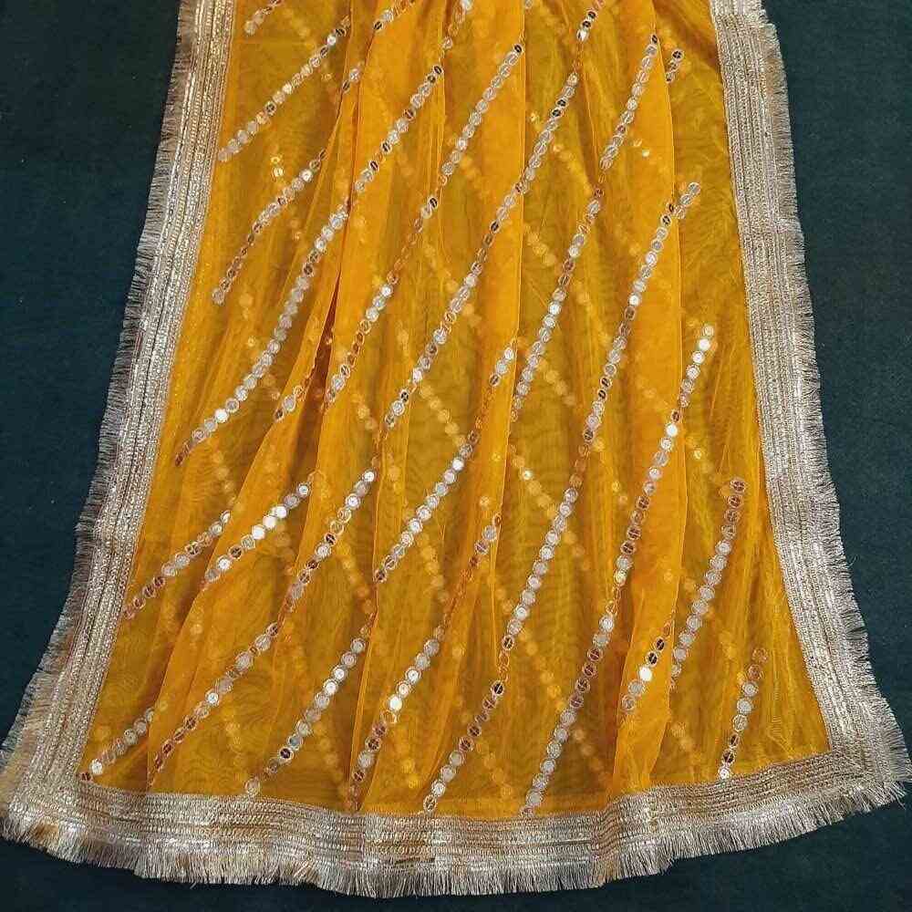 mirror work net dupatta yellow