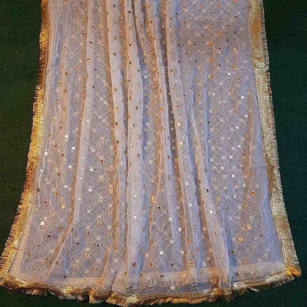 mirror work organza dupatta large white gold