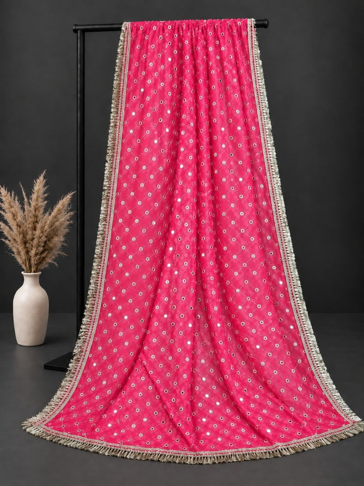 Mirror Work Net Dupatta Large - Pink - ZD998
