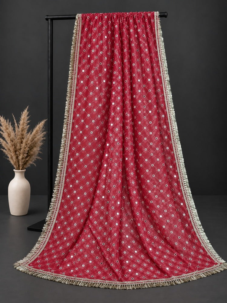 Mirror Work Net Dupatta Large - Red - ZD998