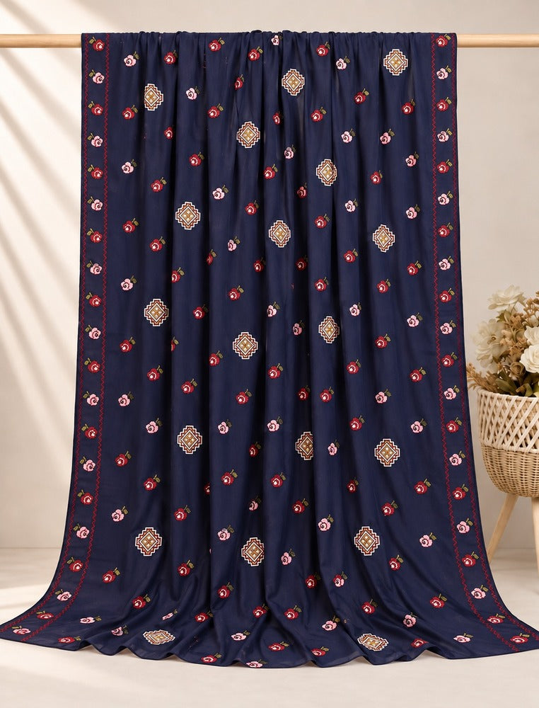 Embroided Swiss Lawn Chaddar Summer Shawl - Navy - SH56