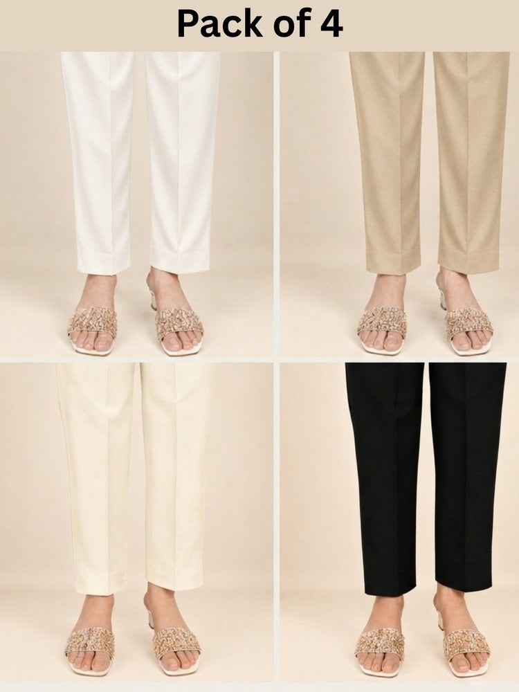 Pack Of 4 - Plain Trouser Pants For Women