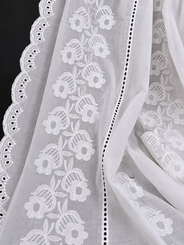 White chikankari chadar for women featuring delicate floral embroidery and scalloped edges
