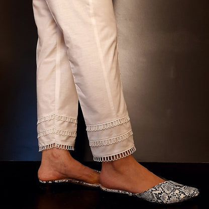 Lace Embelished Trouser - Cotton - White - ZT296