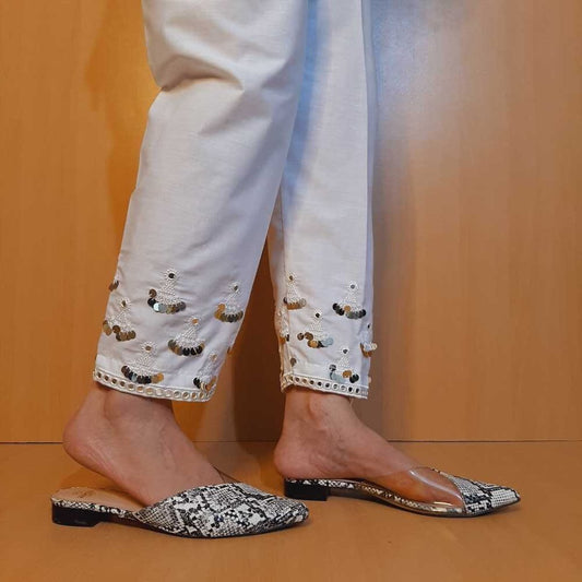 Artificial Mirror Work Embroided Cotton Trouser - White - ZT403