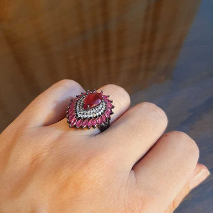 Black Ring With Pink White Stones - AR290