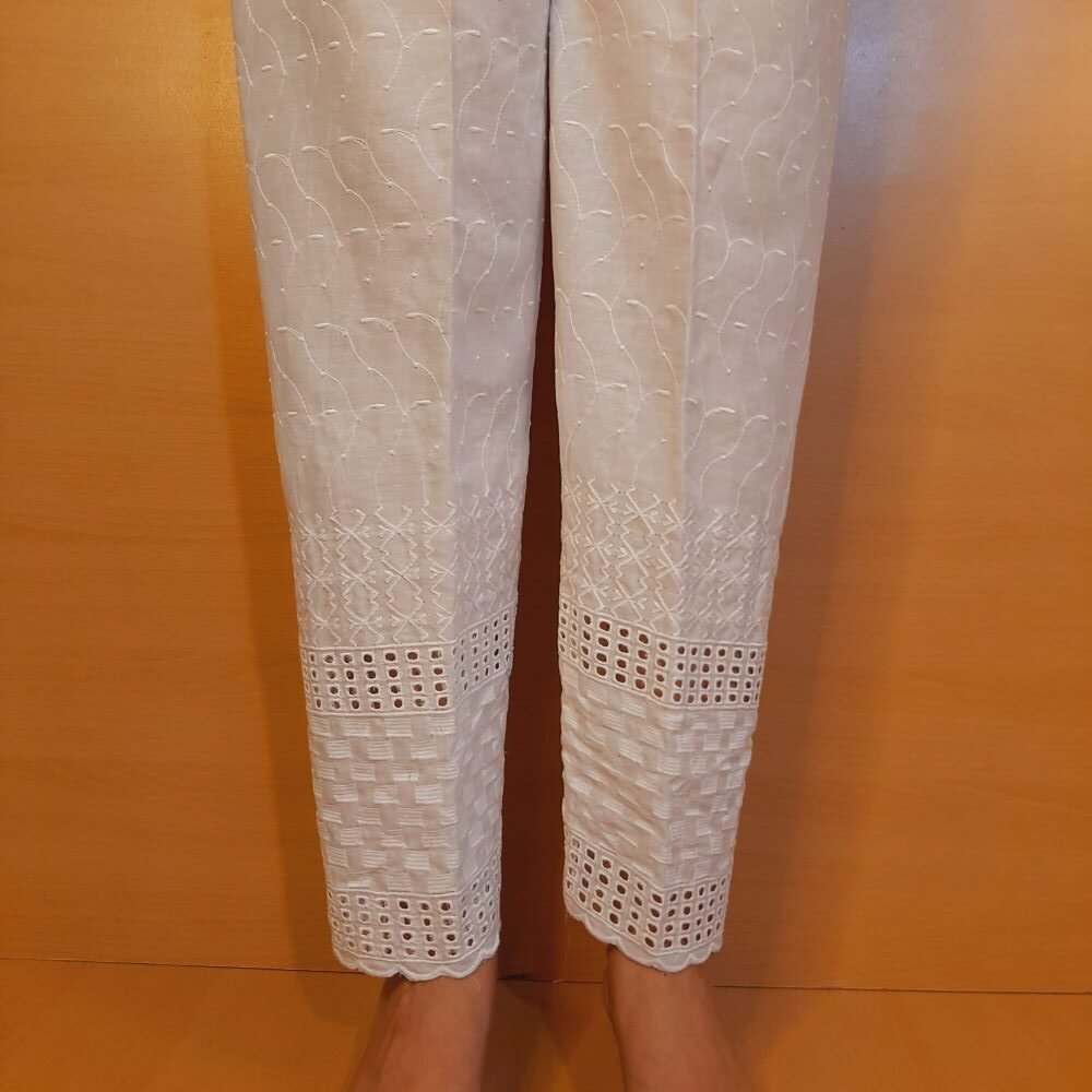 Chikankari Trouser - Soft Cotton - White - ZT479