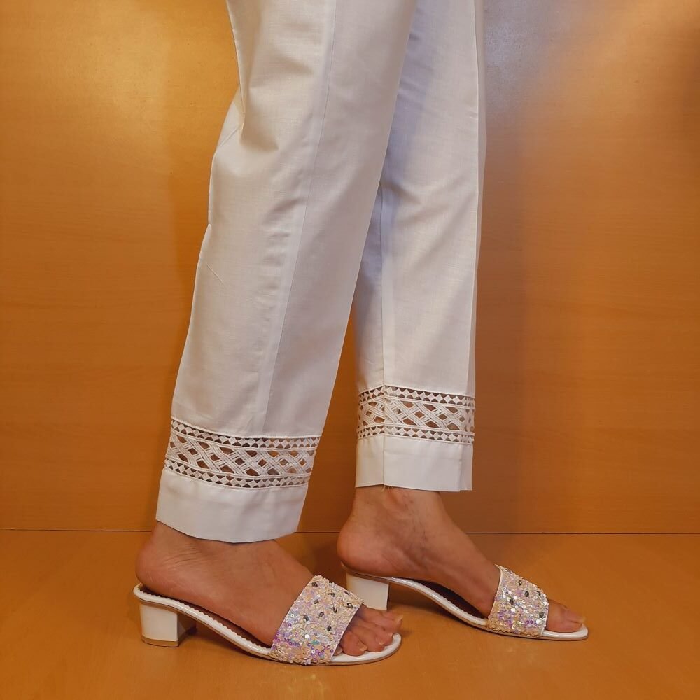 Laces Embellised Trouser - Cotton - White - ZT485