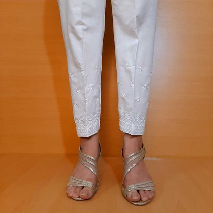 Embroided Trouser - White - Cotton - ZT309