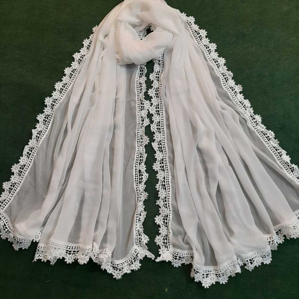 Chiffon Dupatta With 4 Sided Lace – White