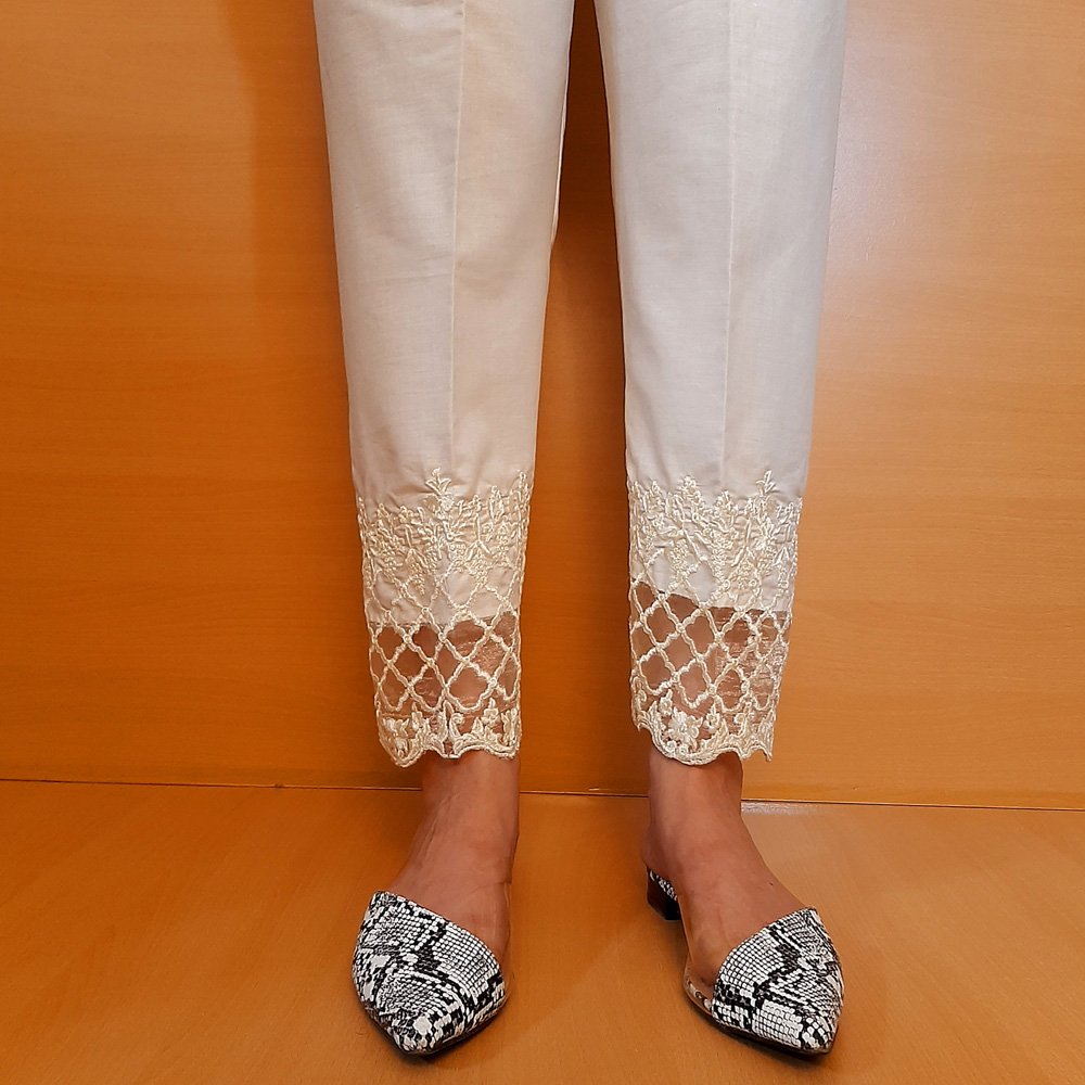 Embroided - Cotton Trouser - Off White - ZT303