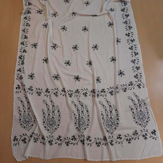 Hand Embroided Lawn Dupatta With 4 Sided Piko - White - ZD0A20