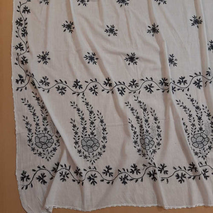 Hand Embroided Lawn Dupatta With 4 Sided Piko - White - ZD0A20