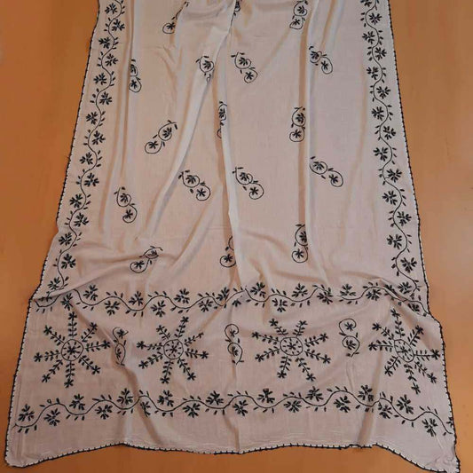 Hand Embroided Lawn Dupatta With 4 Sided Piko - White - ZD0A21