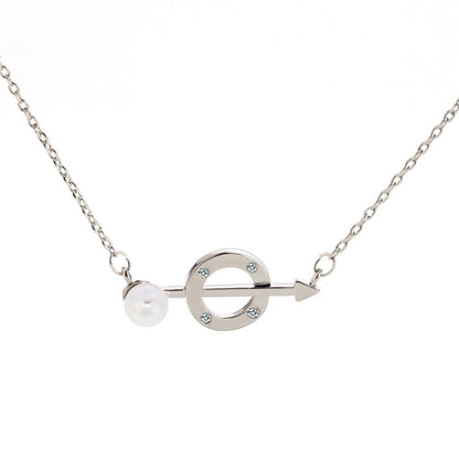 AGN0045 - Silver Crystal Pearl Circle & Arrow Necklace