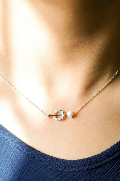 AGN0045 - Silver Crystal Pearl Circle & Arrow Necklace
