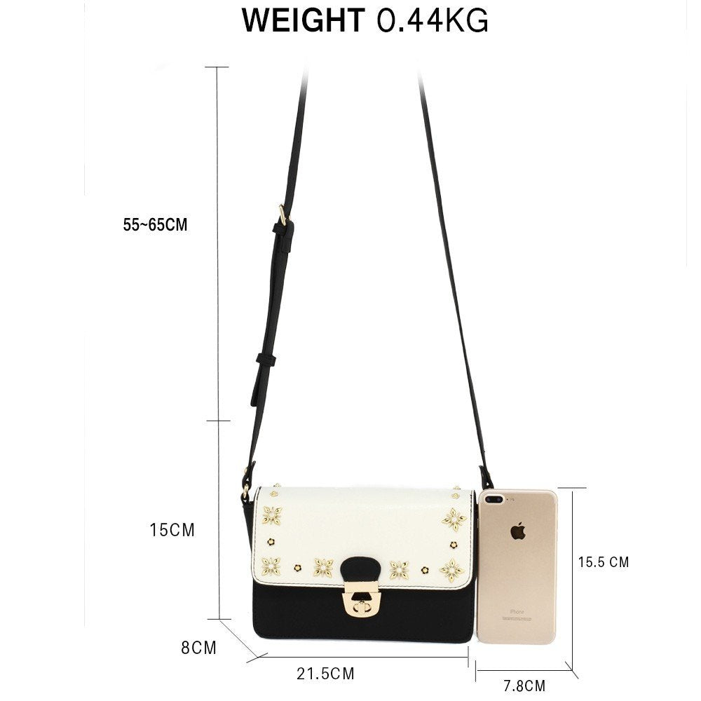 AG00718 - White/Black Flap Twist Lock Cross Body Bag