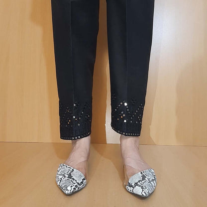Artificial Mirror Work Embroided Cotton Trouser - Black - ZT351