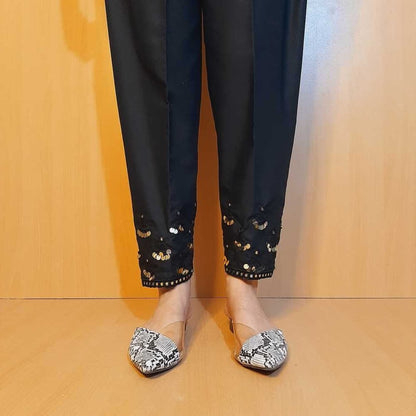 Artificial Mirror Work Embroided Cotton Trouser - Black - ZT402