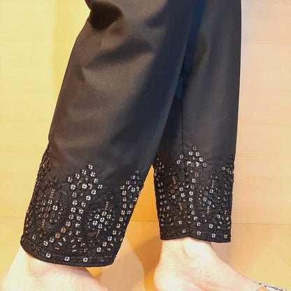 Artificial Mirror Work Embroided Cotton Trouser - Black - ZT446