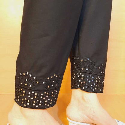 Artificial Mirror Work Embroided Cotton Trouser - Black - ZT495