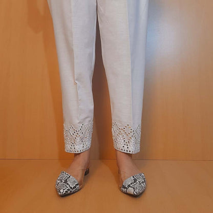 Artificial Mirror Work Embroided Cotton Trouser - White - ZT349