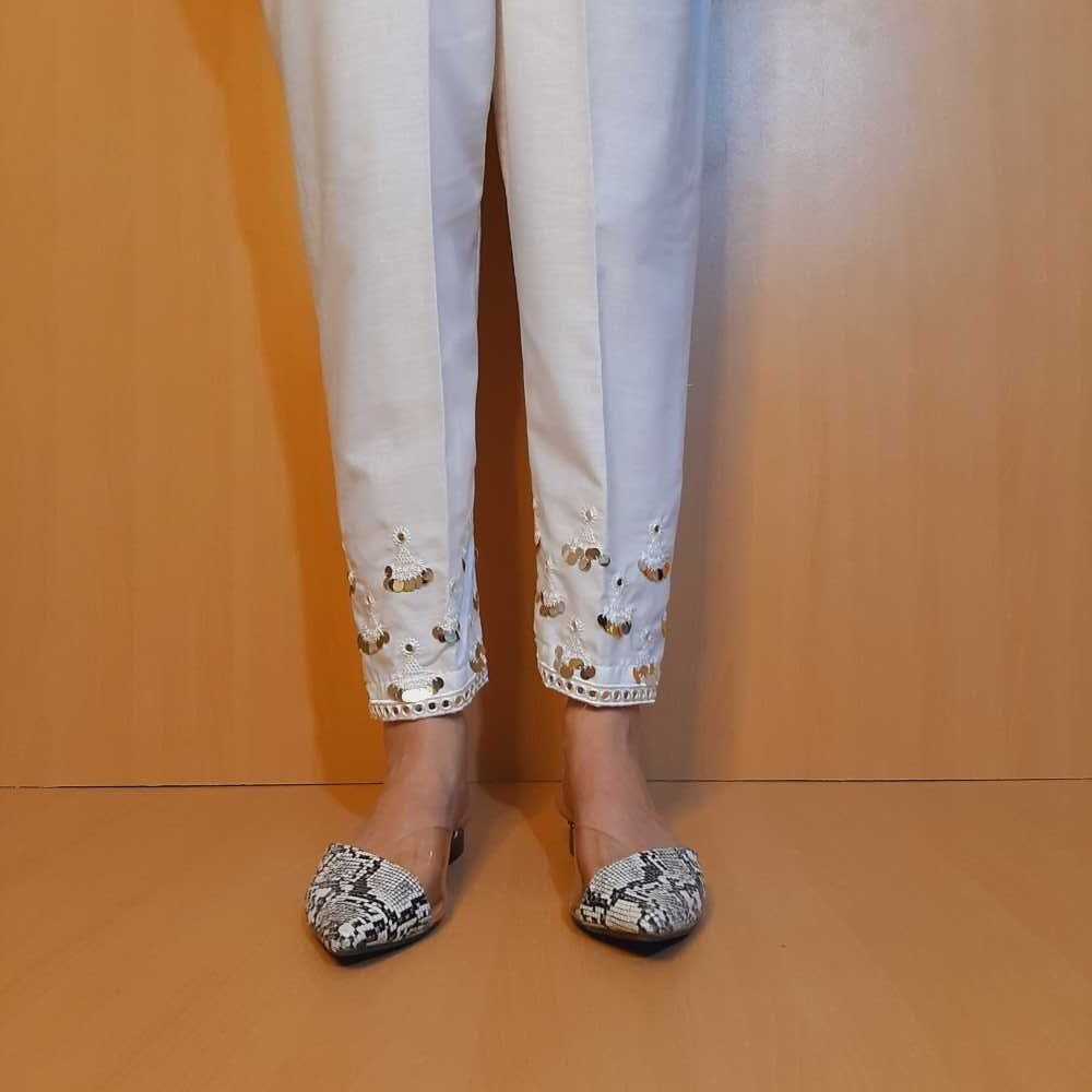Artificial Mirror Work Embroided Cotton Trouser - White - ZT403