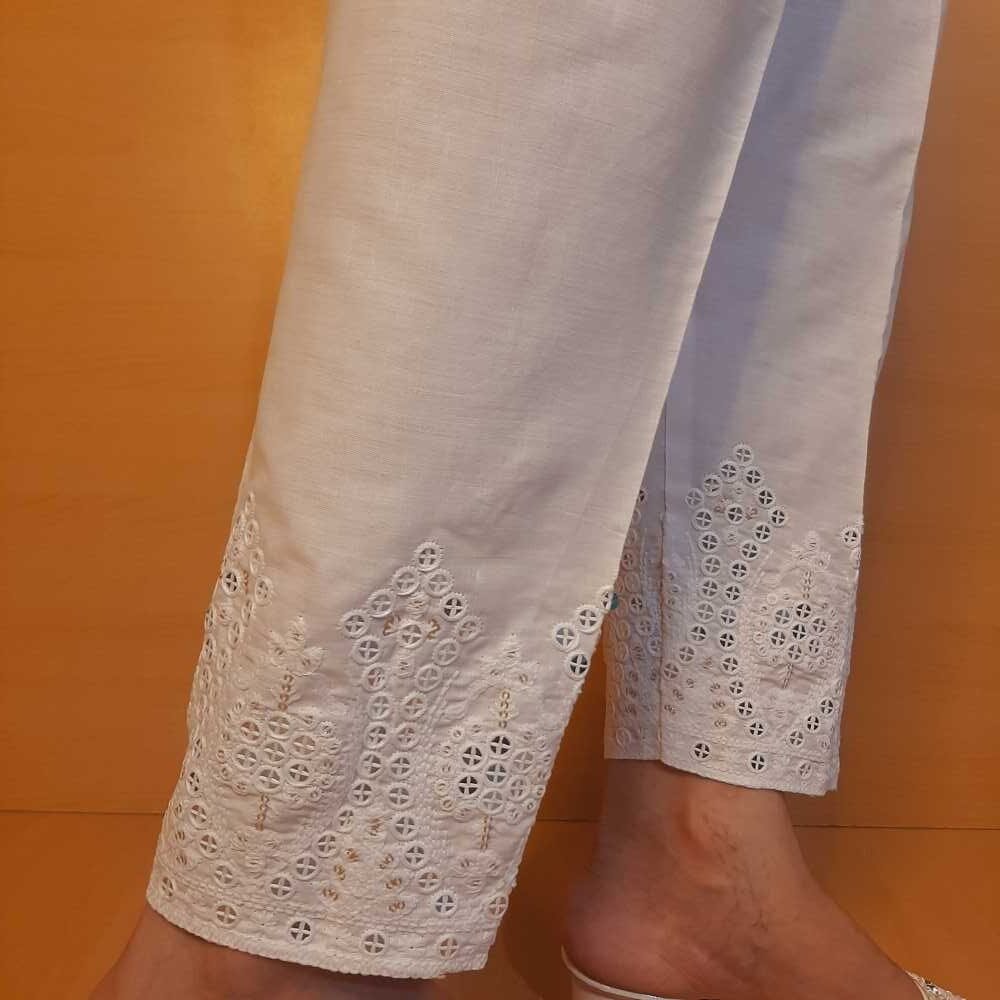 Artificial Mirror Work Embroided Cotton Trouser - White - ZT446