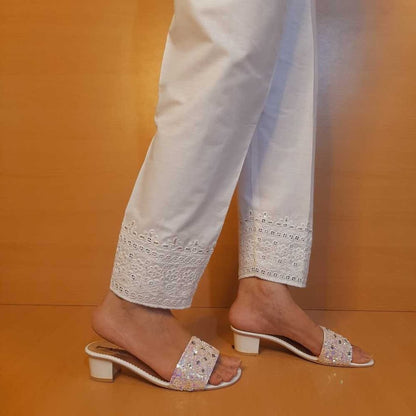 Artificial Mirror Work Embroided Cotton Trouser - White - ZT462