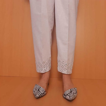 Artificial Mirror Work Embroided Cotton Trouser - White - ZT354