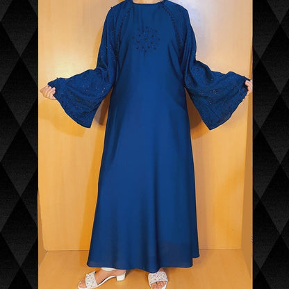 Beaded Nidah Fabric Abaya - Blue - BGA172