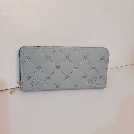Butterfly Embroided Leather Wallet - Blue - W06
